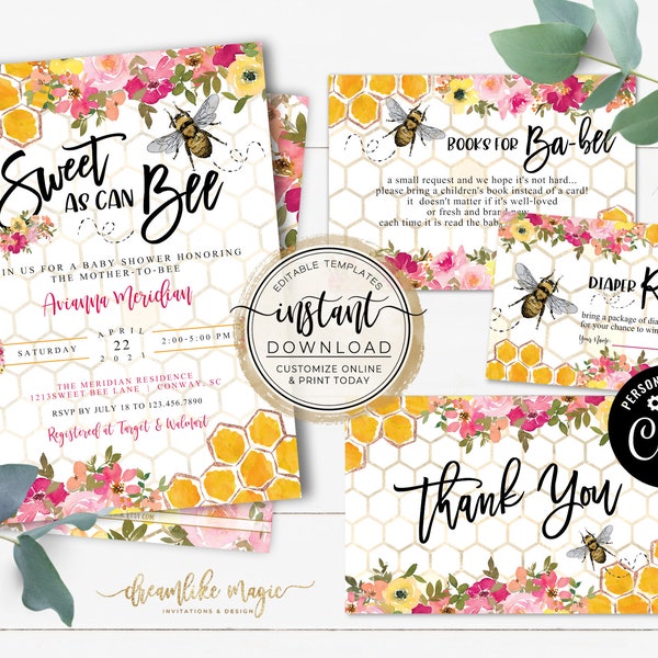 Sweet as Can Bee Baby Shower Bundle, Bee Baby Shower Invitation, Books for Baby, Diaper Raffle, Thank You, DIY Printable Editable Templates