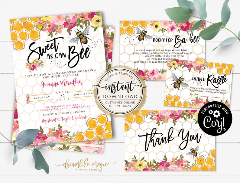 Sweet as Can Bee Baby Shower Bundle, Bee Baby Shower Invitation, Books for Baby, Diaper Raffle, Thank You, DIY Printable Editable Templates image 1