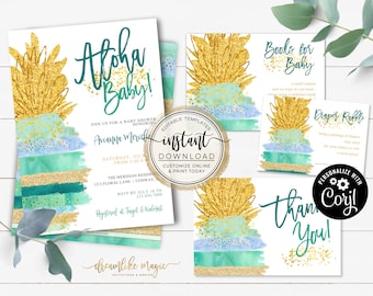 Pineapple Baby Boy Shower Invitation Set, Tropical Baby Shower Invite Set, Aloha Watercolor Baby Shower Invite, INSTANT DOWNLOAD, EDITABLE
