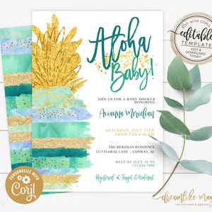 Pineapple Baby Boy Shower Invitation Set, Tropical Baby Shower Invite Set, Aloha Watercolor Baby Shower Invite, INSTANT DOWNLOAD, EDITABLE image 6