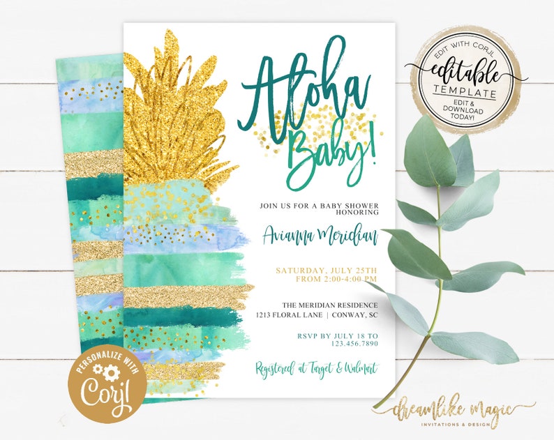 Pineapple Baby Boy Shower Invitation Set, Tropical Baby Shower Invite Set, Aloha Watercolor Baby Shower Invite, INSTANT DOWNLOAD, EDITABLE image 6