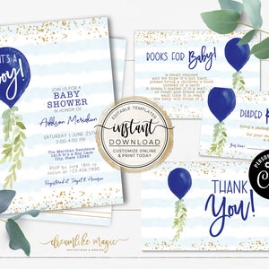 It's a Boy Baby Shower Invitation Template, Watercolor Balloon, Boy Baby Shower Invites Blue Balloon, Printable Invite Editable Invitation