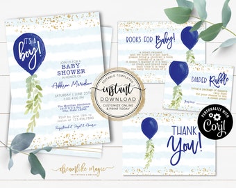 It's a Boy Baby Shower Invitation Template, Watercolor Balloon, Boy Baby Shower Invites Blue Balloon, Printable Invite Editable Invitation