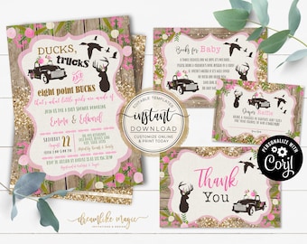 Ducks Trucks and Bucks, BABY GIRL Shower Invitation Set, Rustic Wood Southern Girly Hunting Deer Baby Sprinkle Invite, Printable Editable