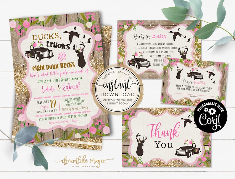 Ducks Trucks and Bucks, BABY GIRL Shower Invitation Set, Rustic Wood Southern Girly Hunting Deer Baby Sprinkle Invite, Printable Editable image 1