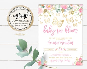 Baby in Bloom Baby Girl Shower Invitation, Butterfly Baby Sprinkle Invite, Editable Template, Baby Girl Sprinkle, Baby Girl Brunch