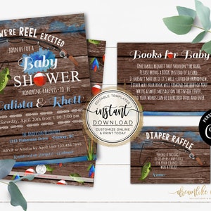 Fishing Baby Shower, REEL Excited Baby Boy, Rustic, Fisherman, Catch the Joy It's a Boy, Editable Baby Invitation Set, Instant Download, DIY