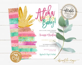 EDITABLE Pineapple Baby Shower Invitation, Tropical Floral Aloha Baby Gold Pineapple Pink Summer Floral Printable Digital Instant Download