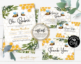 Oh Babee Shower Bundle, Bee Baby Shower Invitation, Gender Neutral, Books for Baby, Diaper Raffle, Thank You, DIY Printable Editable