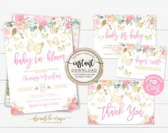 Baby in Bloom Girl Baby Shower Invitation Set, Spring Baby Shower for Girls, Butterfly and Floral Baby Shower Invite, Editable Templates