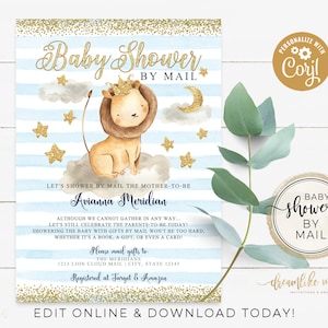 Shower by Mail Baby Shower Invitation, Safari Little Prince Lion Baby Sprinkle, Editable Long Distance Baby Invite, Printable Download