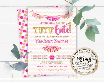 Tutu Cute Baby Shower Invitation, Baby Girl Shower Invite, Editable Template, Baby Sprinkle, Girls Shower, Twins Baby Shower, Pink and Gold