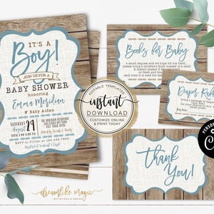 It's a Boy Baby Shower Invitation Template, Rustic Wood Baby Shower, Boy Baby Shower Invites, Printable Invite Editable Invitation Baby Boy image 1