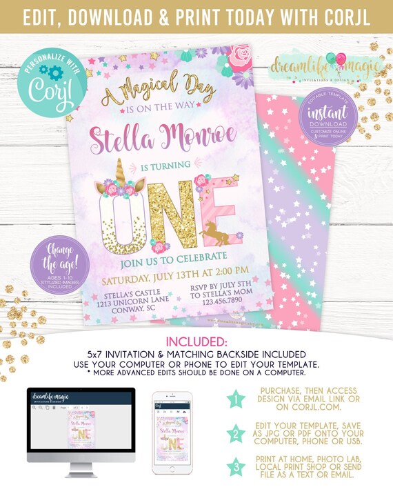 Rainbow Birthday Self-Edit with CORJL Unicorn Party Invite Badge Magical Party INSTANT DOWNLOAD Printable Template Unicorn Birthday