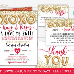 XOXO Valentijn baby shower uitnodiging, knuffels en kusjes baby strooi set, rode en gouden folie ballon, februari baby, bewerkbare sjabloon