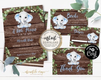 Elephant Boy Baby Shower Invitation, Little Peanut is on the way, Blue Rustic Wood Style, Self Editable Invite Template, Safari Baby Shower