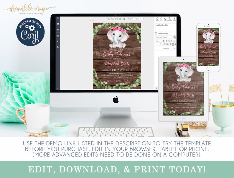 Elephant Baby Shower Invitation, Little Peanut is on the way, Pink, Girl Greenery Floral, Rustic Wood Style, Self Editable Invite Template image 3