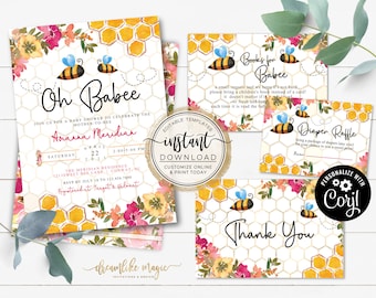 Oh Babee Shower Bundle, Bee Baby Shower Invitation, Baby Girl, Books for Baby, Diaper Raffle, Thank You, DIY Printable Editable Templates