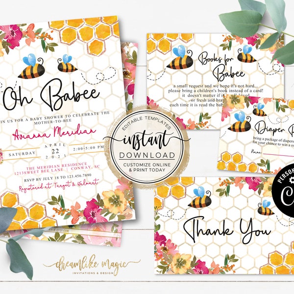 Oh Babee Shower Bundle, Bee Baby Shower Invitation, Baby Girl, Books for Baby, Diaper Raffle, Thank You, DIY Printable Editable Templates