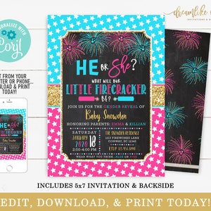 New Years Gender Reveal Invitation, Fireworks Gender Reveal Party, Firecracker, Shower Reveal Invite, Boy or Girl Invite, Editable Template image 2