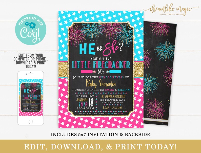 New Years Gender Reveal Invitation, Fireworks Gender Reveal Party, Firecracker, Shower Reveal Invite, Boy or Girl Invite, Editable Template image 2