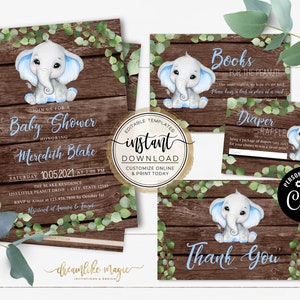 Elephant Boy Baby Shower Invitation, Little Peanut is on the way, Blue Rustic Wood Style, Self Editable Invite Template, Safari Baby Shower image 1