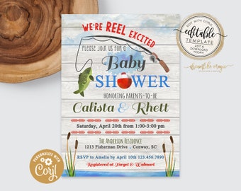Fishing REEL Excited Baby Shower Invite, BABY BOY Shower Invitation, Baby Sprinkle Invite, Printable Editable Template, Rustic Southern