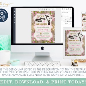 Ducks Trucks and Bucks, BABY GIRL Shower Invitation Set, Rustic Wood Southern Girly Hunting Deer Baby Sprinkle Invite, Printable Editable image 2