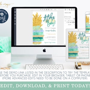 Pineapple Baby Boy Shower Invitation Set, Tropical Baby Shower Invite Set, Aloha Watercolor Baby Shower Invite, INSTANT DOWNLOAD, EDITABLE image 4