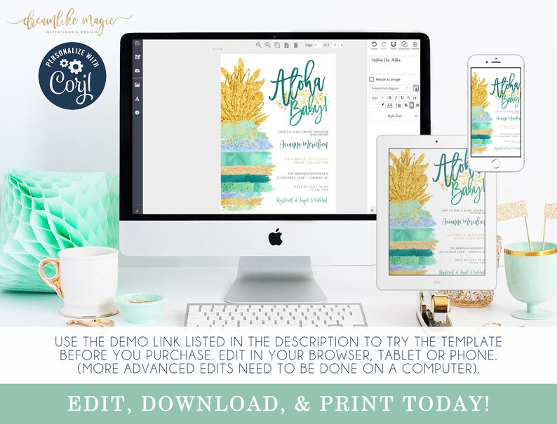 Pineapple Baby Boy Shower Invitation Set, Tropical Baby Shower Invite Set, Aloha Watercolor Baby Shower Invite, INSTANT DOWNLOAD, EDITABLE image 4