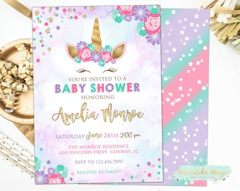 Unicorn Baby Shower Invitation, Girl Baby Shower Invite, Unicorn Invitation, Unicorn Face, Magical Unicorn, Unicorns Baby Shower, Floral