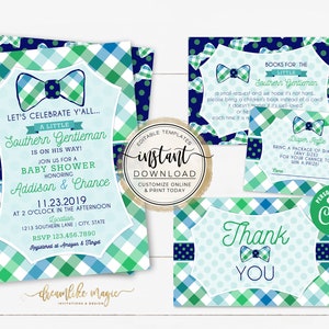 Zuidelijke gentleman baby shower uitnodiging set, Bowtie Boy baby shower uitnodiging, een kleine gentleman douche thema, Oh Boy, bewerkbare sjablonen