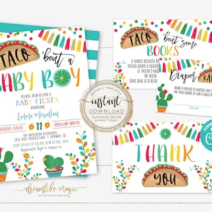 Taco 'bout a Baby Boy Shower Fiesta Uitnodigingsbundel, Afdrukbare bewerkbare sjabloon, Luierloterijkaart, Breng een boekverzoekkaartinzetstukken