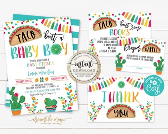 Taco &#39;bout a Baby Boy Shower Fiesta Invitation Bundle, Printable Editable Template, Diaper Raffle Card, Bring a Book Request Card Inserts