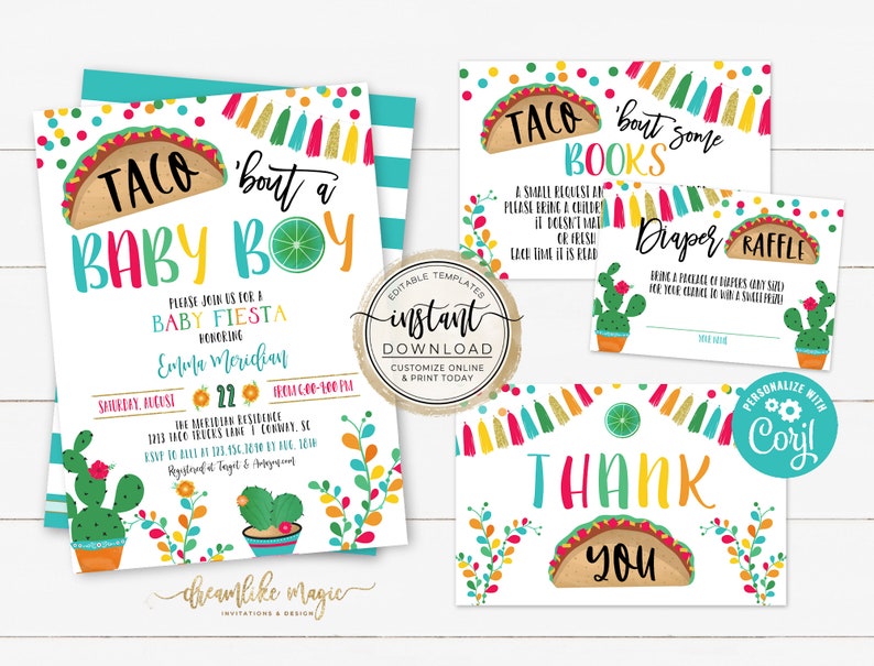 Taco 'bout a Baby Boy Shower Fiesta Invitation Bundle, Printable Editable Template, Diaper Raffle Card, Bring a Book Request Card Inserts image 1