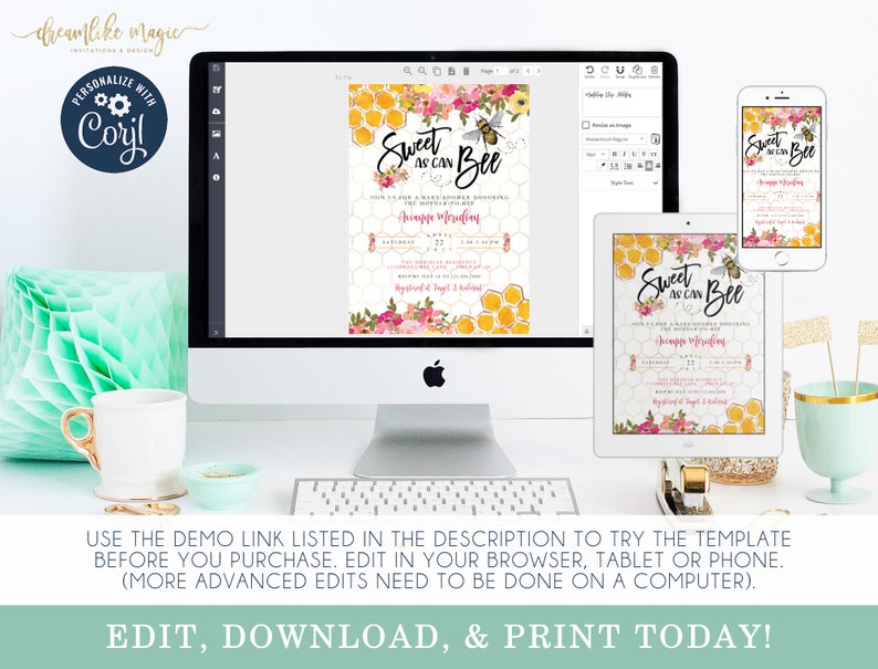 Sweet as Can Bee Baby Shower Bundle, Bee Baby Shower Invitation, Books for Baby, Diaper Raffle, Thank You, DIY Printable Editable Templates image 3