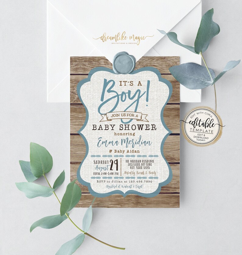 Boy Rustic Baby Shower Invitation It's A Boy Wood Etsy