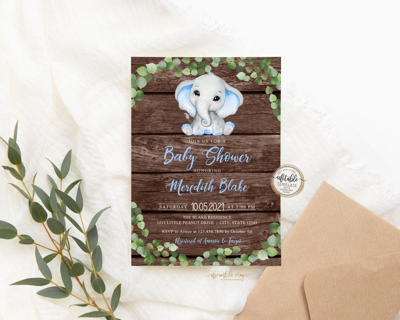 Elephant Boy Baby Shower Invitation, Little Peanut is on the way, Blue Rustic Wood Style, Self Editable Invite Template, Safari Baby Shower image 3