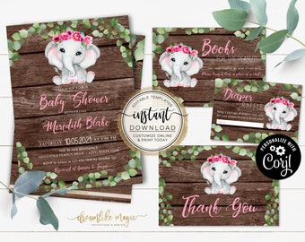 Elephant Baby Shower Invitation, Little Peanut is on the way, Pink, Girl Greenery Floral, Rustic Wood Style, Self Editable Invite Template