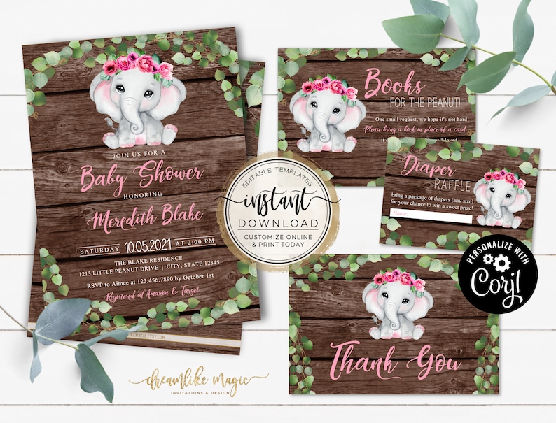 Elephant Baby Shower Invitation, Little Peanut is on the way, Pink, Girl Greenery Floral, Rustic Wood Style, Self Editable Invite Template image 1