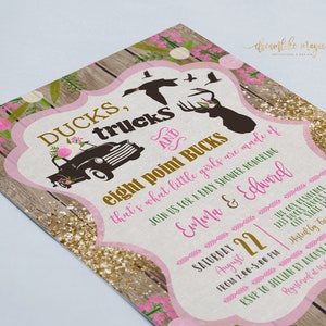 Ducks Trucks and Bucks, BABY GIRL Shower Invitation Set, Rustic Wood Southern Girly Hunting Deer Baby Sprinkle Invite, Printable Editable image 5