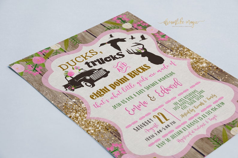 Ducks Trucks and Bucks, BABY GIRL Shower Invitation Set, Rustic Wood Southern Girly Hunting Deer Baby Sprinkle Invite, Printable Editable image 5