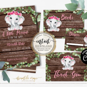 Elephant Baby Shower Invitation, Little Peanut is on the way, Pink, Girl Greenery Floral, Rustic Wood Style, Self Editable Invite Template image 1