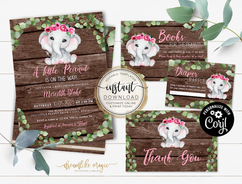 Elephant Baby Shower Invitation, Little Peanut is on the way, Pink, Girl Greenery Floral, Rustic Wood Style, Self Editable Invite Template image 1