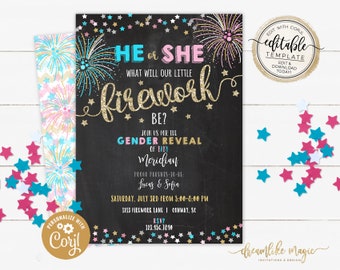 Firework Gender Reveal Invitation, 4th of July Baby Gender Reveal, Fourth of July BBQ, Baby Party Invite, Boy or Girl, Printable Template