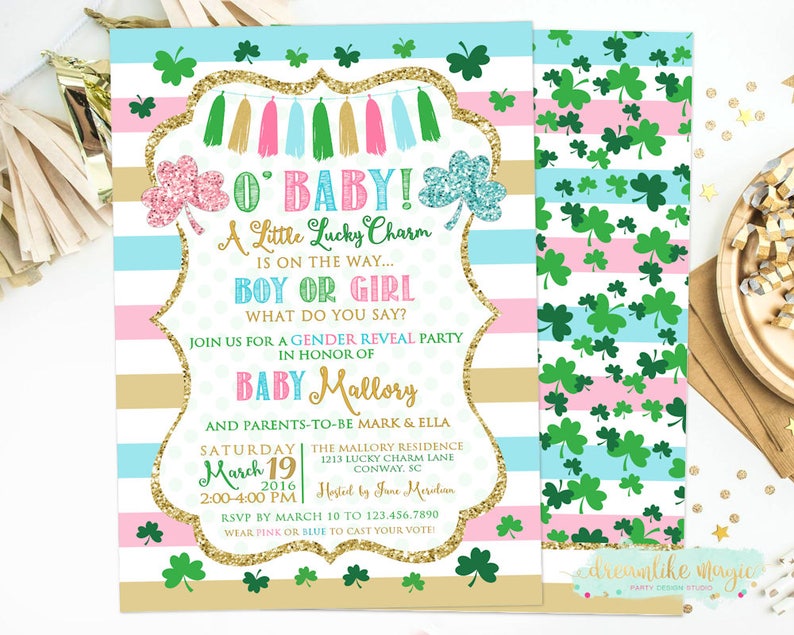 Little Shamrock Gender Reveal Invitation, Lucky Charm Gender Reveal, O' Baby Irish Gender Reveal, Baby Shower Invite, March Gender Reveal image 1