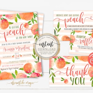 Peach Baby Shower Set, Sweet as a Peach, Editable Template Bundle, Baby Girl Shower Theme
