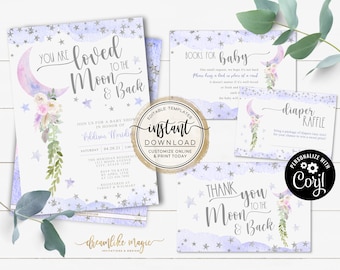 Love You to the Moon and Back Baby Shower Invitation, Over the Moon Baby Shower Invite Template, Instant Download, Editable Baby Girl Shower