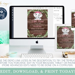 Elephant Baby Shower Invitation, Little Peanut is on the way, Pink, Girl Greenery Floral, Rustic Wood Style, Self Editable Invite Template image 3