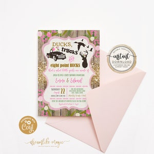 Ducks Trucks and Bucks, BABY GIRL Shower Invitation Set, Rustic Wood Southern Girly Hunting Deer Baby Sprinkle Invite, Printable Editable image 6